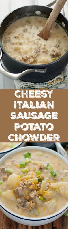 cheesey italian sausage potato chowder in a skillet