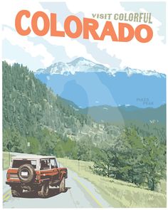 a vintage style travel poster featuring a jeep driving down the road in front of mountains