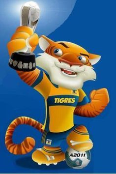 a cartoon tiger holding a soccer ball and trophy in his right hand with the words tigers on it