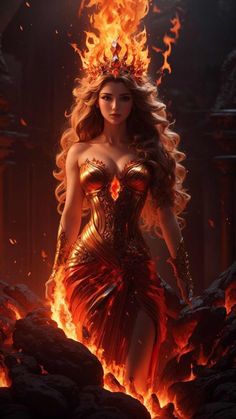 a woman dressed in red and gold with flames on her head, standing next to rocks