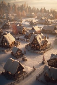 an aerial view of a village in the middle of winter with snow on the ground