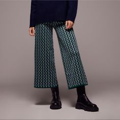 Coolest Knit Pants, Brand New ! Never Worn. Fun Geometric Pattern From Zara Casual Black Knit Bottoms, Green Knit Stretch Bottoms, Fitted Jacquard Knit Bottoms, Chic Winter Long Pants, Chic Green Winter Bottoms, Wide Leg Green Winter Pants, Green Wide Leg Winter Pants, Chic Green Bottoms For Winter, Knit Trousers For Fall