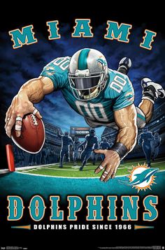 a painting of a football player catching a ball with his hands and the words miami dolphins on it