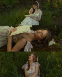 two pictures of a woman laying in the grass