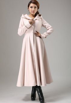 Pink Long Winter Coat - Maxi Fit-and-Flare Style Outerwear with Pleated Tab Details on Cuffs & Hood (727) Pink Wool Coat, Hooded Wool Coat, Long Winter Coats, Wool Coat Women, Perfect Coat, Long Wool Coat, Women Coat, Kate Bosworth, Maxi Coat