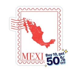 a postage stamp with the map of mexico on it and text that reads, buy 10 get 50 % off