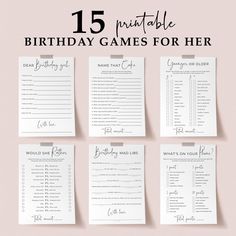 the printable birthday games for her are on display in front of a pink background