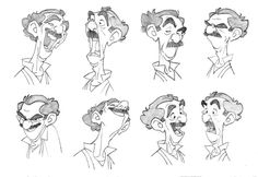 six cartoon heads with different expressions and hair styles, all drawn in one point by hand