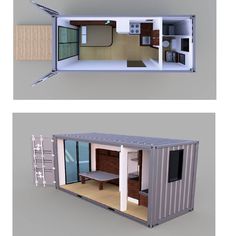 two views of the inside and outside of a shipping container