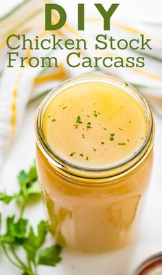 a jar of homemade chicken stock. Chicken Stock From Bones, Rotisserie Chicken Stock, Chicken Carcass Soup, Making Chicken Stock, Chicken Bone Broth Recipe, Chicken Broth Soup, Make Chicken Broth, Chicken Broth Recipes