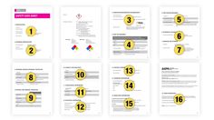 six different types of paper with numbers and symbols on them, including one for each letter