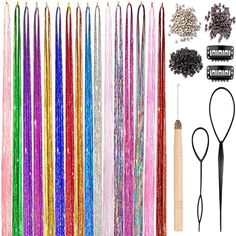 PRICES MAY VARY. ✅16 Fairy Hair Tinsel Colors: Gold, Silver, Blue, Brown, Green, Red, Rose, Peach, Pink, Purple, Colorful, Rainbow, Sky Blue, Light Purple, Dazzle Silver, Champagne Gold ✅3500 Christmas hair tinsel Hair Tinsel Strands Kit: Each Color Has 218 Strands, Packaged Individually, Total 3500 Strands Tinsel Hair Extensions ✅48 Inch Tinsel Hair Extensions Length: The Hair Tinsel Is Long Enough, You Can Cut it According to Your Needs.1 piece crochet, 150 pieces micro silicone link rings bea Hair Extension Lengths, Angels Beauty, Hair Tinsel, Fairy Hair, Christmas Hair, Glitter Hair, Linking Rings, Hair Strand, Champagne Gold