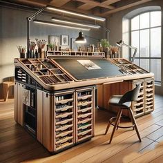 an office desk with lots of drawers and chairs in front of large windows, surrounded by wood flooring