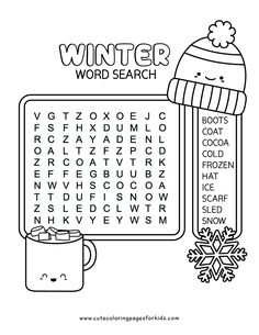 winter word search puzzle in black and white with winter characters, such as hot cocoa, a winter hat, and a snowflake Simple January Crafts For Kids, Winter Activity Pages Free Printables, Winter Activity For Kindergarten, Winter Educational Activities For Kids, Winter Worksheets 1st Grade, Winter Sel Bulletin Boards, Free Holiday Activities