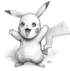 a pencil drawing of a pikachu holding an arrow and pointing to the right