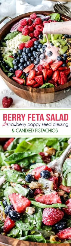 berry feta salad with spinach and blueberries in a wooden bowl