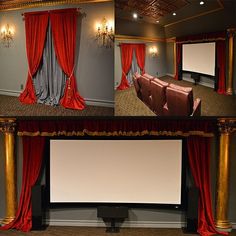 there are three different views of an empty room with red drapes on the windows