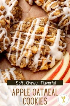 an apple oatmeal cookie with white icing on top and the title soft chewy flavorful apple oatmeal cookies