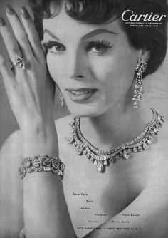 gorgeous diamond jewelry from Cartier, 1950s. 50s Ads, Aldo Cipullo, School Ads, 1950s Jewelry Style, Cartier Collection, Cartier Diamond, Pakistani Jewellery, 1950s Jewelry