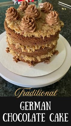 a close up of a cake on a plate with the words traditional german chocolate cake