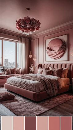 a bedroom with pink and brown colors in the walls, bedding and rugs