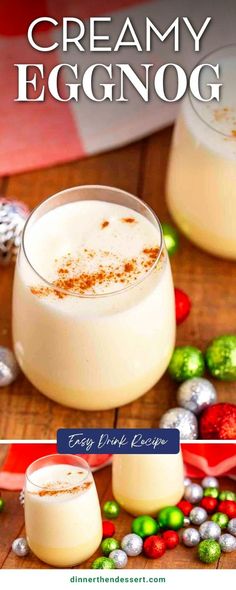 two glasses filled with eggnog sitting on top of a table next to candy