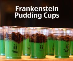 five cups with green pudding in them and the words frankensten puddinging cups