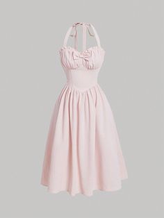 Baby Pink Casual Collar Sleeveless Woven Fabric Plain A Line Embellished Non-Stretch  Women Clothing Cottage Core Dresses, Baby Pink Dresses, Vestidos Color Rosa, فستان سهرة, Cute Summer Dresses, Halterneck Dress, Really Cute Outfits, Cheap Dresses, Stunning Dresses