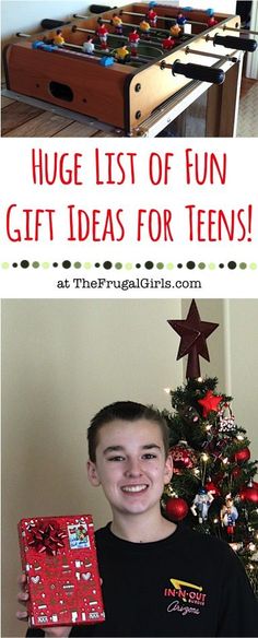 a boy holding a christmas present in front of a foo - ball table with the words huge list of fun gift ideas for teens