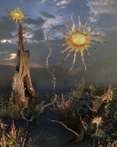 an artist's rendering of the sun and tree stumps in front of a cloudy sky