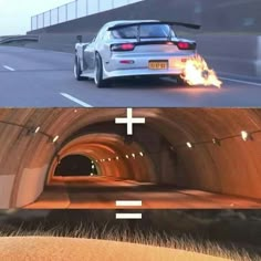 two cars driving through a tunnel with fire coming out of the top and on to the bottom