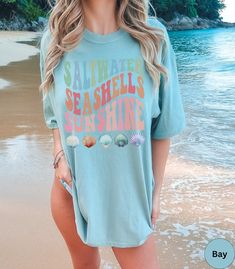 Retro Summer Beach Vacation Comfort Colors Shirt,saltwater Seashells Sunshine Tshirt,beach Shirt Gifts,summer Vibes Tee,oversized Coverup - Etsy Fun Green T-shirt For The Beach, Blue Beachwear T-shirt For Beach Party, Blue Summer T-shirt For Vacation, Beach Graphic Tee T-shirt With Print, Casual Ocean Color Beach Tops, Blue Short Sleeve T-shirt For Beach Season, Casual Ocean Color Tops For Beach, Casual Blue T-shirt For Beach Party, Fun Green Tops For The Beach