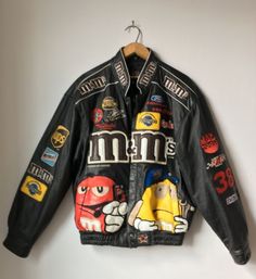 Vintage M&m’s Nascar Black Leather Jacket Nascar Jacket Outfit, M&m Jacket, Racer Jackets, Cotton Lycra Fabric, Cute Jackets