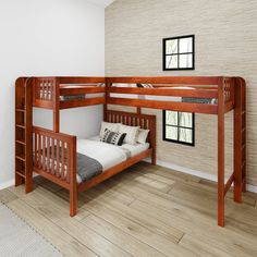 there is a bunk bed in the corner of this room, and it's made out of wood