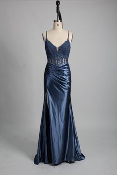 Blue Evening Dress With Lace Bodice And Sweetheart Neckline, Fitted Evening Dress With Lace Bodice And Spaghetti Straps, Fitted Gown With Lace Bodice And Spaghetti Straps, Blue Fitted Evening Dress With Boned Bodice, Fitted Blue Evening Dress With Boned Bodice, Satin Dress With Sheer Bodice For Prom, Prom Season Satin Dress With Sheer Bodice, Satin Dress With Sheer Bodice For Gala, Satin Dress With Sheer Bodice For Prom Season