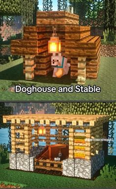 two different pictures of a small house made out of wood and logs with the words doghouse and stable on it