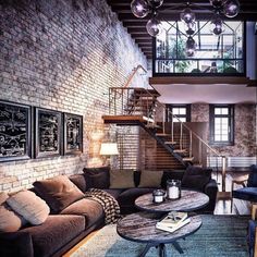 a living room filled with furniture and a spiral staircase