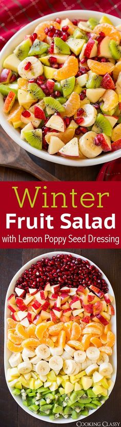 fruit salad with lemon poppy seed dressing in a white bowl