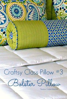 a bed with pillows on it and the words crafty class pillow 3 written below