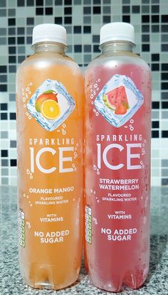 two bottles of sparkling ice orange mango watermelon and no added sugar sitting on a counter