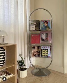 a magazine rack with magazines on it next to a lamp and a potted plant