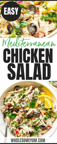 chicken salad in a white bowl with lemons on the side and text overlay that reads easy mediterranean chicken salad