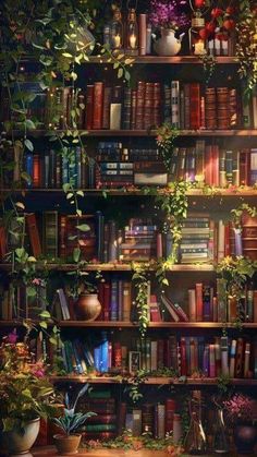 a bookshelf filled with lots of books and plants