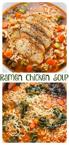 two pictures of ramen chicken soup with carrots and spinach