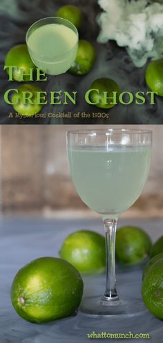 the green ghost cocktail with limes around it and an advertisement on the back ground