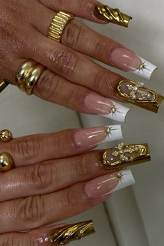 Nail Designs Extravagant, Gold Maximalist Nails, Gold Nail Designs Coffin, French Nail With Gold, Nails To Go With A Red Dress, Maximalist Nail Art, Nails For Trip, Gold Design Nails, French Nails With Gold