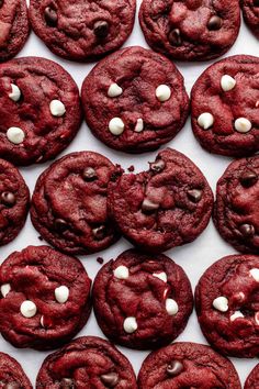 red velvet cookies with white chocolate chips on top