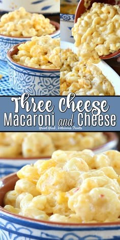 three cheese macaroni and cheese in blue bowls