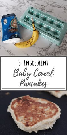 three ingredient baby cereal pancakes with bananas and yogurt in the middle, on a marble countertop