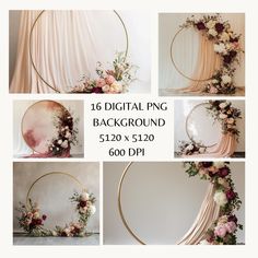 this is a collage of images with flowers and gold hoop around the top, along with text that reads 16 digital png background $ 120 x $ 42002 00 dpi